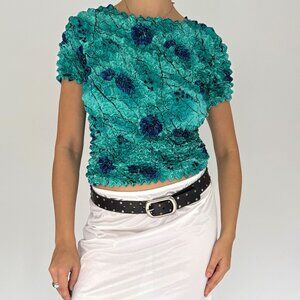 90s Y2K vintage blue floral print summer stretchy popcorn crop top bubble blouse